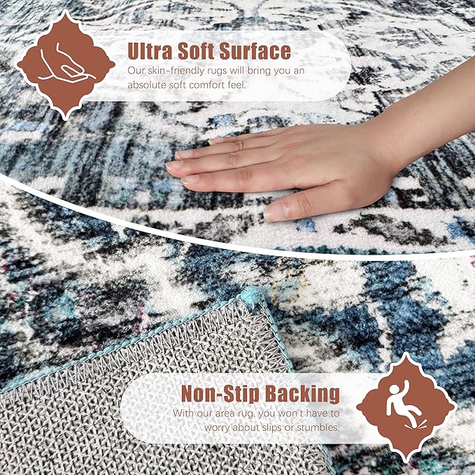 5' x 7' Washable Area Rug - Low Pile Soft Vintage Indoor Rug for Living, Dining or Bedroom - Lightweight Carpet with Non-Slip Backing - Foldable for Easy Placement, Ocean Blue