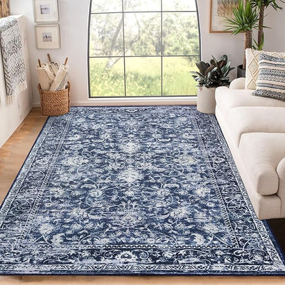 KILOCOCO Area Rug 6x9 Living Room Rug Washable Printed Vintage Floral Non Slip Soft Rubber Backed Indoor Bedroom Rugs for Laundry Room Kitchen Playroom Moroccan Area Rugs, Blue