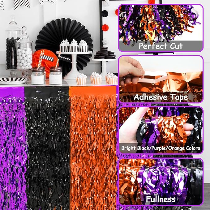 Halloween Party Decorations, 2 Pack Orange Purple Black Wavy Metallic Tinsel Foil Fringe Table Skirts, Perfect Rectangle or Round Table Decor for Halloween Birthday Home Indoor Outdoor Party Supplies