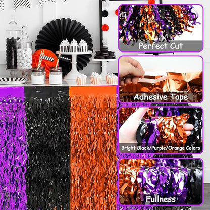Halloween Party Decorations, 2 Pack Orange Purple Black Wavy Metallic Tinsel Foil Fringe Table Skirts, Perfect Rectangle or Round Table Decor for Halloween Birthday Home Indoor Outdoor Party Supplies