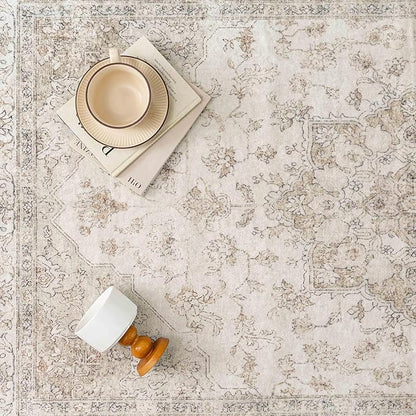 Beige Runner Rug 2'6"x10' Washable Vintage Carpet Hallway Kitchen Soft Retro Low Pile Thin Indoor Bedroom Non Slip Oriental Medallion Long Throw Rug for Bathroom Laundry Dining Room