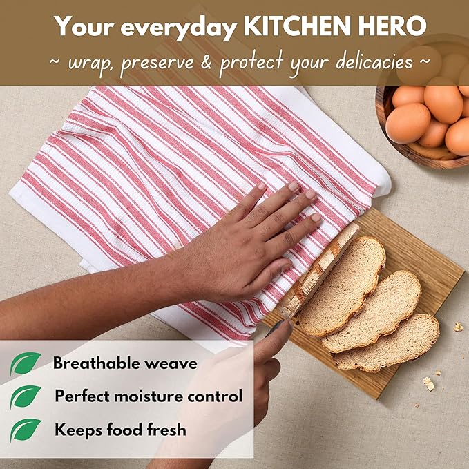 Native Fab Stripe Kitchen Towels - 100% Cotton - 12 Pack - 16"x26" - Basket Weave Striped Tea Towels, Dish Cloths for Drying Dishes, Absorbent, Quick Dry Towels Set with Hanging Loop - Red White