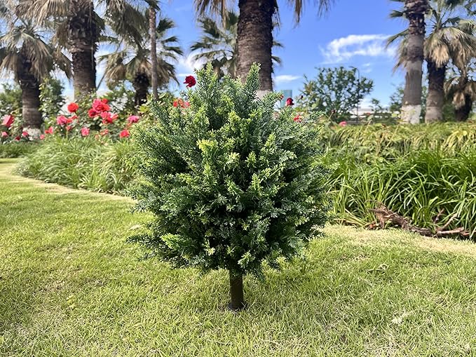 Artificial Cedar Topiary Ball Tree with Ground Spike 27.5", Set of 2 Outdoor Faux Plants UV Resistant Fake Bushes Shrubs for Garden, Yard, Porch, Patio Decor
