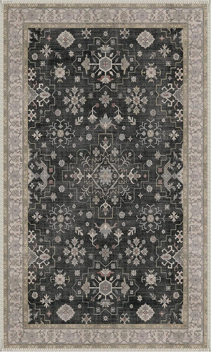 GENIMO 3x5 Area Rugs for Living Room,Machine Washable Non-Slip Vintage Rug, Low Pile Lightweight Carpet for Bedroom, Dining Room, Home Office, Stain & Fade Resistant,Black