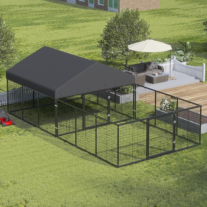 Dog Kennel with Dog Fence for Medium/Small Dogs Anti-Rust Coating Cage with Roof All Weather Resistant Dog House with Double Locks