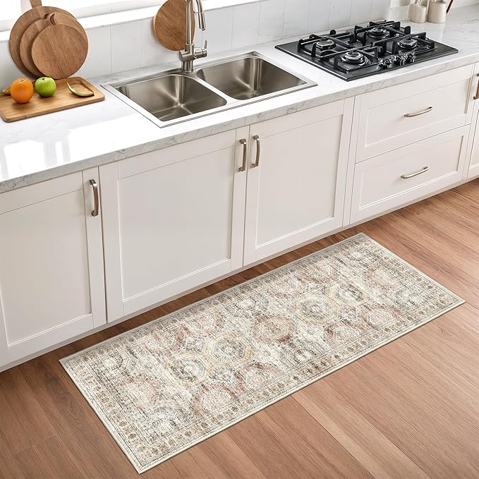 2x5 Rug Runner Washable for Entryway, Soft Bathroom Rugs with Non-Slip Backing, Abstract Low Pile Hallway Runner, Vintage Small Kitchen Carpet for Stair, Laundry Room(2'x5', Brown/Pink)