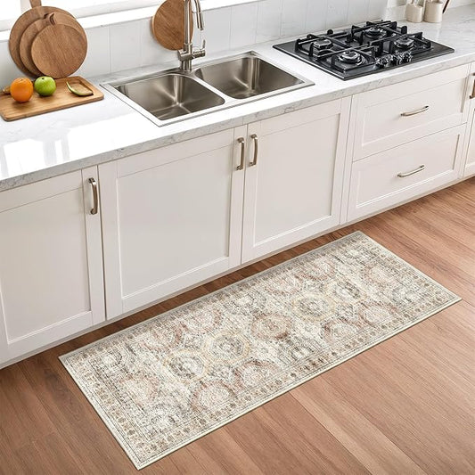 2x5 Rug Runner Washable for Entryway, Soft Bathroom Rugs with Non-Slip Backing, Abstract Low Pile Hallway Runner, Vintage Small Kitchen Carpet for Stair, Laundry Room(2'x5', Brown/Pink)