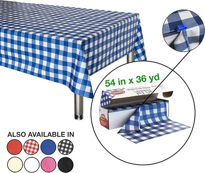 Neatiffy Disposable Plastic Table Cloth Roll | 54 in x 108 Ft Waterproof Tablecloth | Table Cover for Rectangle, Square, Round Oval Tables | Picnic, Party, Banquet, Birthdays, Weddings - Blue Gingham
