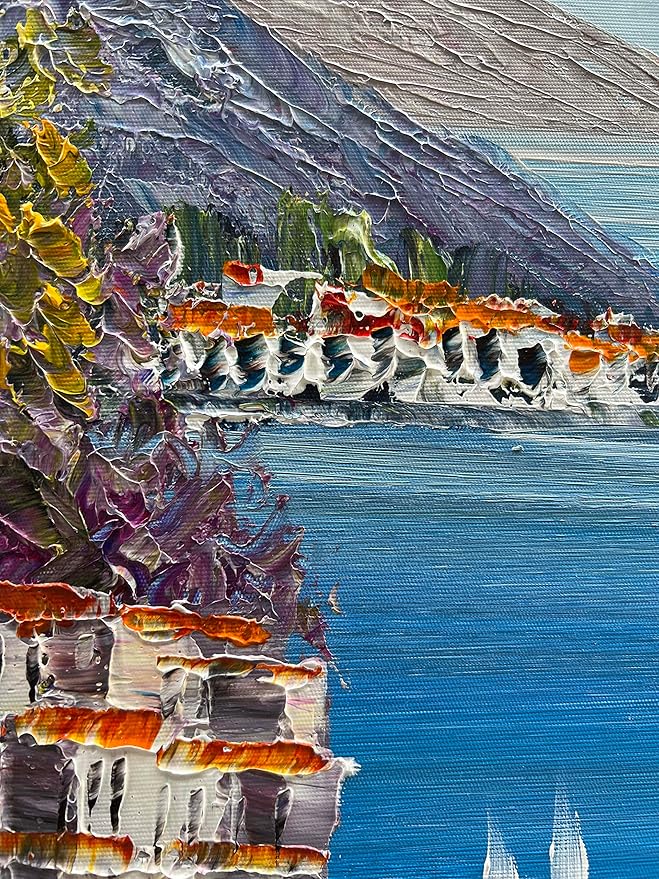 Alenoss Hand Painted Acrylic Large Abstract Modern Oil Paintings on Canvas 28x40 Inches Vertical Wall Art Mediterranean Sea Cityscape Blue Artwork Wall Decor Home Decorations