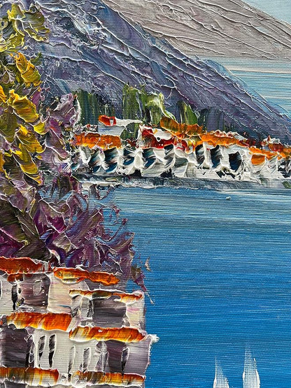 Alenoss Hand Painted Acrylic Large Abstract Modern Oil Paintings on Canvas 28x40 Inches Vertical Wall Art Mediterranean Sea Cityscape Blue Artwork Wall Decor Home Decorations