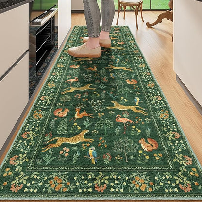 DUKINO 2x10 Rug for Hallway, Washable Kitchen Runner Rug with Non Slip Backing, Soft Low Pile Vintage Animal Runner for Bedroom, Kitchen, Hallway, Entryway, Laundry, Green