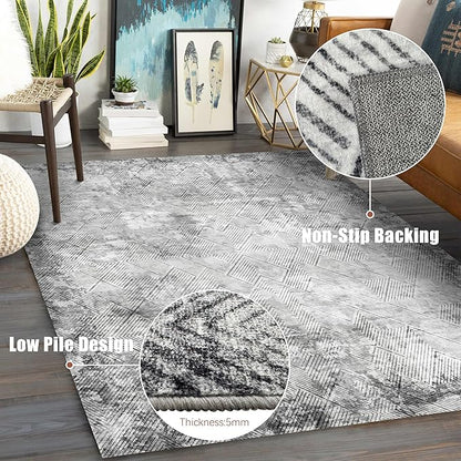 9' x 12' Washable Area Rug - Low Pile Soft Vintage Indoor Rug for Living, Dining or Bedroom - Lightweight Carpet with Non-Slip Backing - Foldable for Easy Placement, Grey