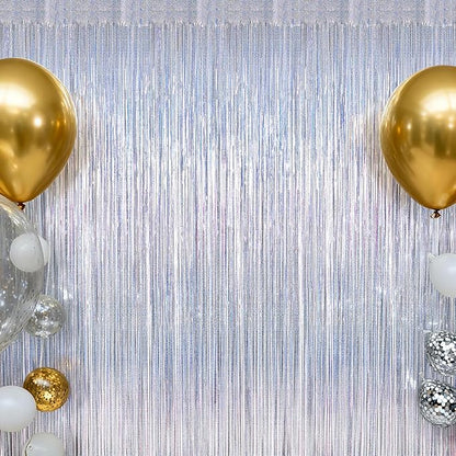 4 Pack NYE Silver Tinsel Foil Curtain, 3.28 FT x 7.05 FT Glitter Silver Tinsel Curtains, Metallic Foil Streamer Disco Fringe Backdrop Party Curtains, Birthday New Year Party Supplies Disco Decor