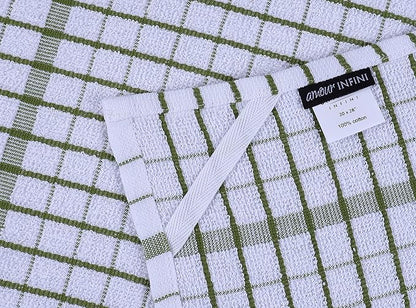 AMOUR INFINI Kitchen Towels Set of 4 - Highly Absorbent, Super Soft Terry Cotton 20x28 Inch Dish Towels with Hanging Loop - Hand & Tea Towels for Cleaning & Drying Dishes (Green)