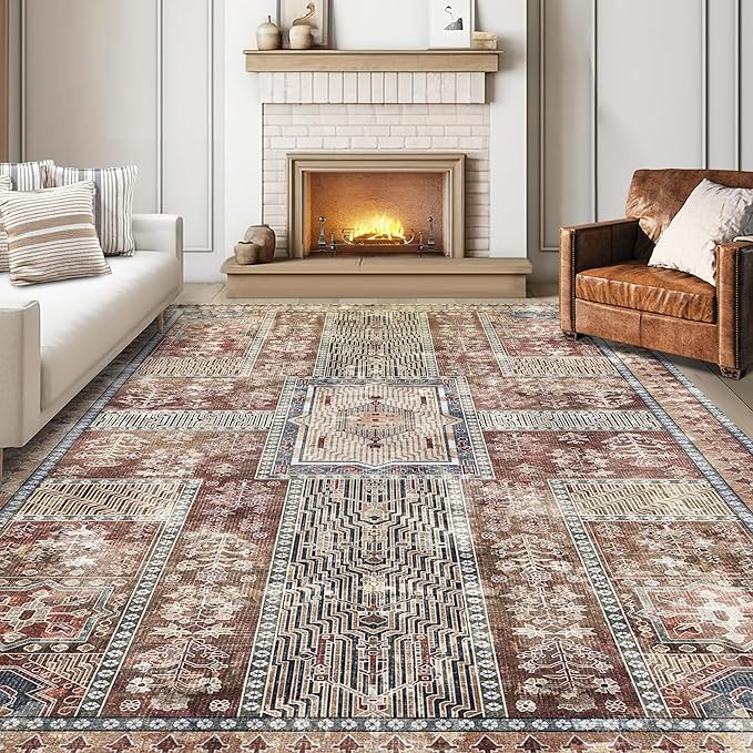 Vintage 3' x 5 ' Washable Area Rug - Stylish Indoor Rug for Living, Dining or Bedroom - Lightweight Carpet with Non-Slip Backing - Foldable for Easy Placement and Maintenance - Rust