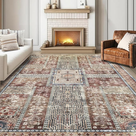 Vintage 4' x 6' Washable Area Rug - Stylish Indoor Rug for Living, Dining or Bedroom - Lightweight Carpet with Non-Slip Backing - Foldable for Easy Placement and Maintenance - Rust