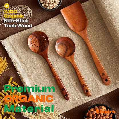 Riveira Set of 3 Dark Teak Spoons for Cooking - Wooden Kitchen Utensil Set - Non-Toxic Cooking Utensils - Wooden Spatula for Cooking - Teak Wood Utensils for Non-Stick Cookware