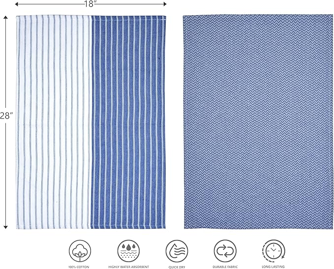 Premium Cotton Weave Kitchen Towels Set – Highly Absorbent, Quick-Dry Dish Towels with Hanging Loop – Extra Large 18x28 Inches – Blue (Pack of 8)
