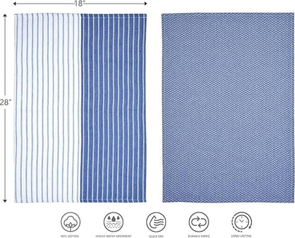Premium Cotton Weave Kitchen Towels Set – Highly Absorbent, Quick-Dry Dish Towels with Hanging Loop – Extra Large 18x28 Inches – Blue (Pack of 8)