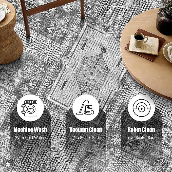 Vintage 8' x 10' Washable Area Rug - Stylish Indoor Rug for Living, Dining or Bedroom - Lightweight Carpet with Non-Slip Backing - Foldable for Easy Placement and Maintenance - Grey