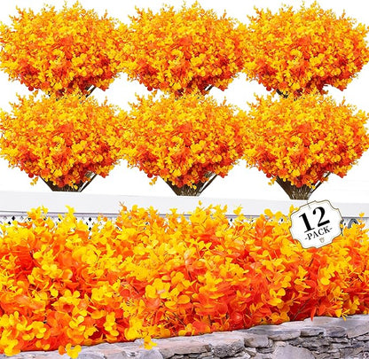 12 Bundles Eucalyptus Leaves Boxwood Artificial Mums for Outdoors/Indoors, Faux Mums for Outdoor Planters, Fall Fake Flowers for Decoration Garden Porch Window Home Farmhouse(Orange Eucalyptus)