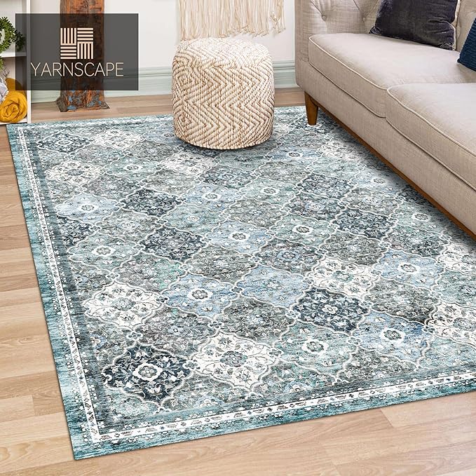 9' x 12' Washable Area Rug - Low Pile Soft Vintage Indoor Rug for Living, Dining or Bedroom - Lightweight Carpet with Non-Slip Backing - Foldable for Easy Placement, Ocean Blue