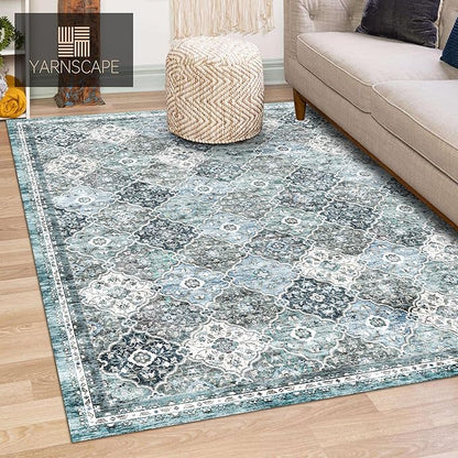 9' x 12' Washable Area Rug - Low Pile Soft Vintage Indoor Rug for Living, Dining or Bedroom - Lightweight Carpet with Non-Slip Backing - Foldable for Easy Placement, Ocean Blue