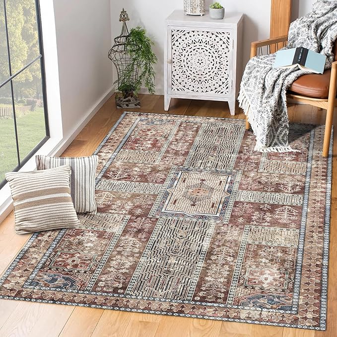 Vintage 8' x 10' Washable Area Rug - Stylish Indoor Rug for Living, Dining or Bedroom - Lightweight Carpet with Non-Slip Backing - Foldable for Easy Placement and Maintenance - Rust