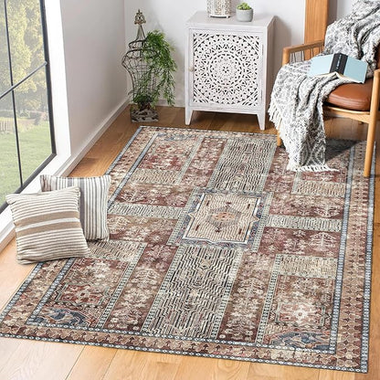 Vintage 4' x 6' Washable Area Rug - Stylish Indoor Rug for Living, Dining or Bedroom - Lightweight Carpet with Non-Slip Backing - Foldable for Easy Placement and Maintenance - Rust