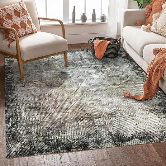 8' x 10' Washable Area Rug - Low Pile Soft Vintage Indoor Rug for Living, Dining or Bedroom - Lightweight Carpet with Non-Slip Backing - Foldable for Easy Placement, Blackish