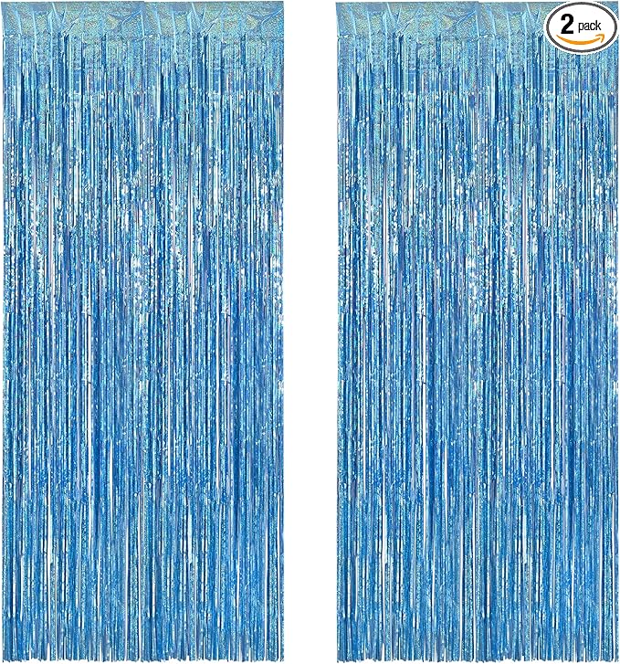 BRAVESHINE Light Blue Tinsel Foil Fringe Curtains - 2Pcs 3.2x8.2 ft Metallic Holiday Streamers Backdrop for Christmas/Winter’s Snowflake/Frozen/Birthdays/Mermaid/Bachelorette/Engagement Party Decor