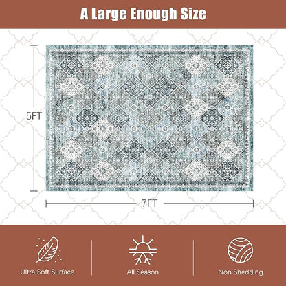 9' x 12' Washable Area Rug - Low Pile Soft Vintage Indoor Rug for Living, Dining or Bedroom - Lightweight Carpet with Non-Slip Backing - Foldable for Easy Placement, Ocean Blue