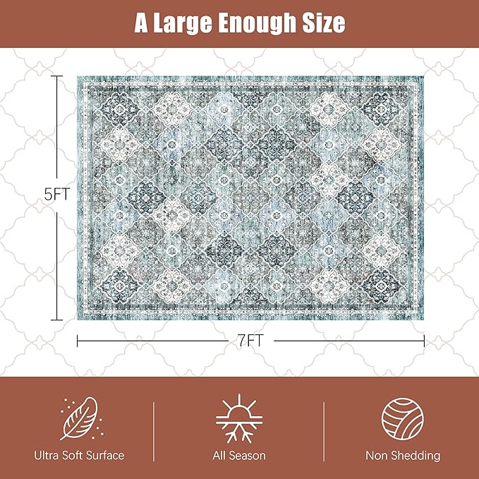 5' x 7' Washable Area Rug - Low Pile Soft Vintage Indoor Rug for Living, Dining or Bedroom - Lightweight Carpet with Non-Slip Backing - Foldable for Easy Placement, Ocean Blue