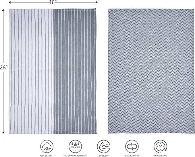 Premium Cotton Weave Kitchen Towels Set – Ultra Absorbent, Quick-Dry Dish Towels with Hanging Loop – Extra Large 18x28 Inches – Grey (Pack of 8)