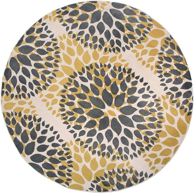 Rugshop Modern Yellow Floral Circles Design Area Rug – Elegant Non-Shedding, 6'6" Round for Living Room, Bedroom, Dining Room, Kitchen