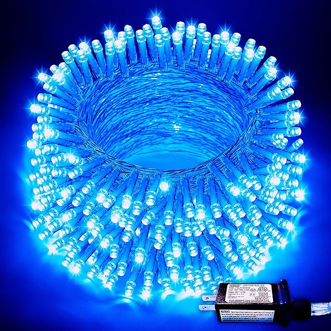 JMEXSUSS Blue Christmas String Lights Indoor Outdoor, 66ft 200 LED Blue String Lights Clear Wire Plug in, 8 Modes Waterproof Christmas Lights for Halloween Tree Party Bedroom Wall Christmas Decoration