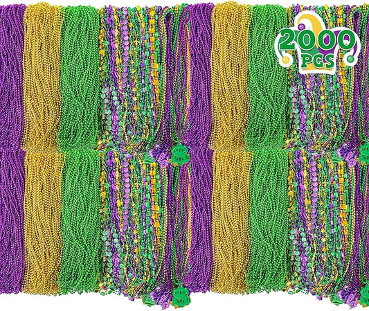 2000PCS Mardi Gras Beads Bulk, 9 Styles Purple Gold Green Mardi Gras Beads Necklaces Assortment, Coin Crown Mask Dollar Metallic Beaded Accessories for Mardi Gras Decorations Throws Party Favors