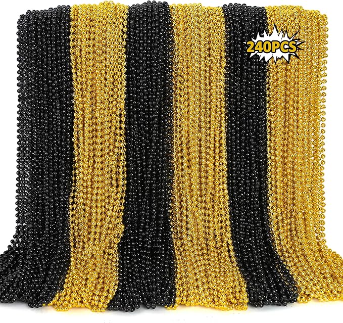 240PCS Black Gold Beads, New Years Eve Black and Gold Party Decorations, 33" Festival Black Gold Beaded Necklace Accessories Bulk, New Years Graduations Mardi Gras Parade Throw Accessories