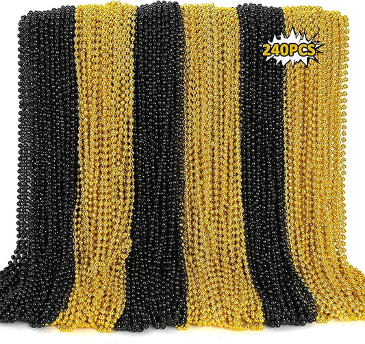 240PCS Black Gold Beads, New Years Eve Black and Gold Party Decorations, 33" Festival Black Gold Beaded Necklace Accessories Bulk, New Years Graduations Mardi Gras Parade Throw Accessories