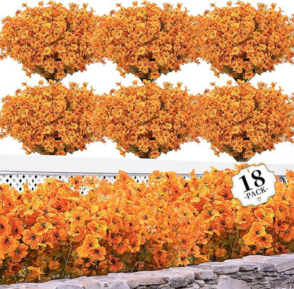 18 Bundles Artificial Mums for Outdoors/Indoors Faux Mums for Outdoor Planters, Eucalyptus Leaves Fall Flowers Artificial for Decoration Boxwood Garden Porch Window Home Wedding(Fall Orange)