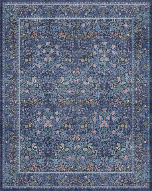 Hazo Haus Dark Blue Living Room Rug 8x10, Vintage Floral Washable Area Rugs for Bedroom, Dining Room Under Kitchen Table, Oriental Low Pile Stain Resistant Non-Slip Large Navy Decor