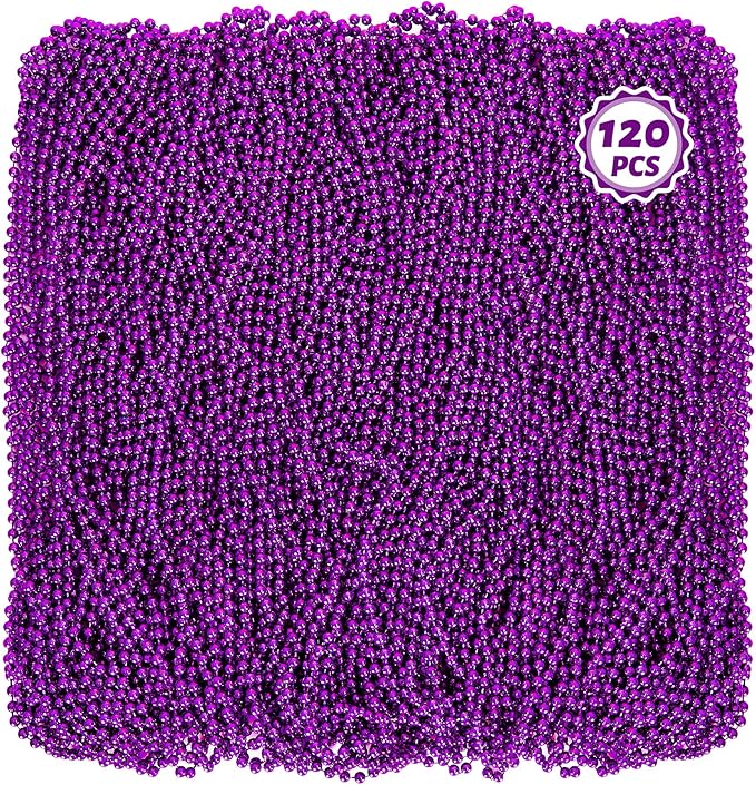 120 PCS Mardi Gras Accessories, 33" Purple Mardi Gras Beads, Party Costume Plastic Beaded Necklace, Parade Throws Bulk Party Favors for Halloween Pirate Wedding Birthday Decor