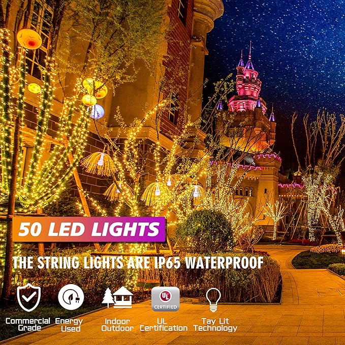 25ft 50 Counts Yellow LED Christmas Lights - Commercial Grade Outdoor Waterproof, Wide Angle Green Wire, Xmas Tree Lights, IP65, UL