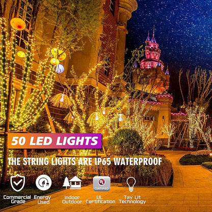 25ft 50 Counts Yellow LED Christmas Lights - Commercial Grade Outdoor Waterproof, Wide Angle Green Wire, Xmas Tree Lights, IP65, UL