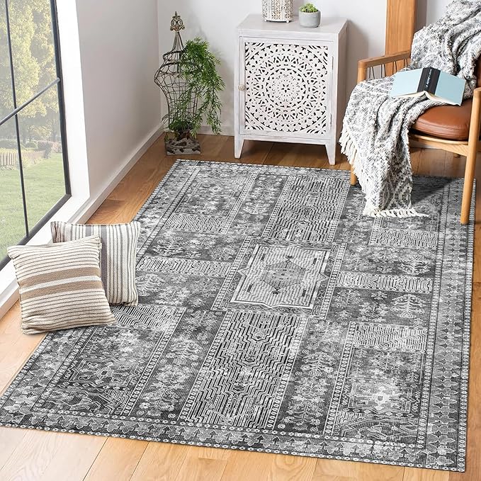 Vintage 3' x 5 ' Washable Area Rug - Stylish Indoor Rug for Living, Dining or Bedroom - Lightweight Carpet with Non-Slip Backing - Foldable for Easy Placement and Maintenance - Grey
