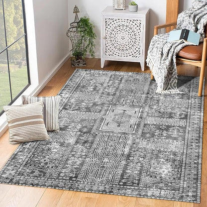Vintage 3' x 5 ' Washable Area Rug - Stylish Indoor Rug for Living, Dining or Bedroom - Lightweight Carpet with Non-Slip Backing - Foldable for Easy Placement and Maintenance - Grey