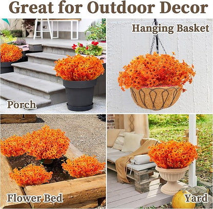 18 Bundles Artificial Mums for Outdoors/Indoors Faux Mums for Outdoor Planters, Eucalyptus Leaves Fall Flowers Artificial for Decoration Boxwood Garden Porch Window Home Wedding(Orange)