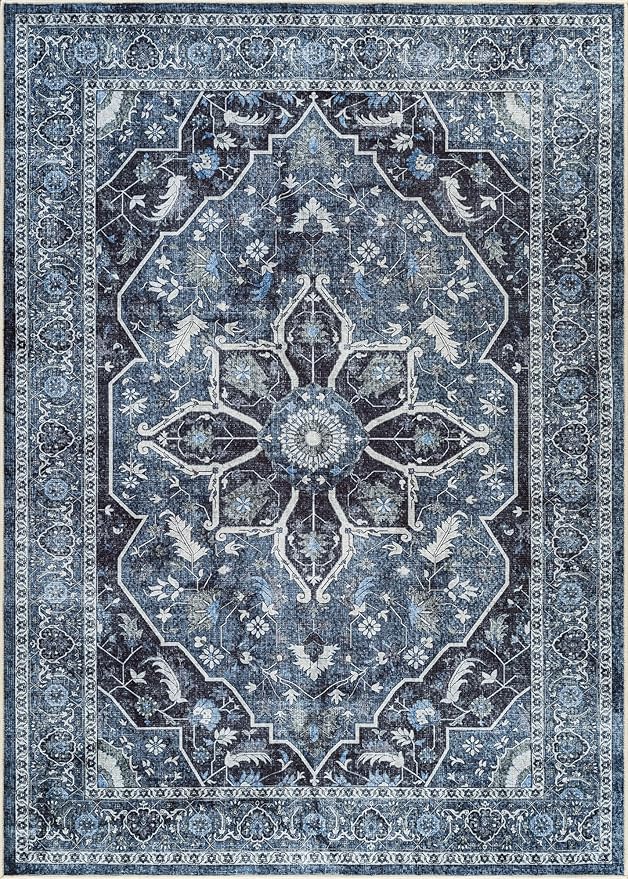 Bloom Rugs Caria Washable Non-Slip 5x7 Rug - Blue/Charcoal Traditional Area Rug for Living Room, Bedroom, Dining Room, and Kitchen - Exact Size: 5' x 7'