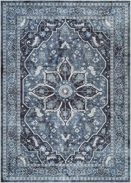 Bloom Rugs Washable Non-Slip 2x3 Rug - Blue/Charcoal Traditional Oriental Area Rug for Living Room, Bedroom, Dining Room, and Kitchen - Exact Size: 2' x 3'