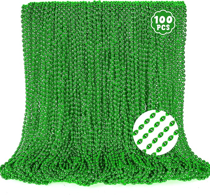 100PCS Bead Necklace, Green St Patricks Oval Beads Necklace Accessories, Mardi Gras St Patricks Xmas Necklaces, Festive Accessories for Christmas Mardi Gras St. Patricks Parade Throw Decorations